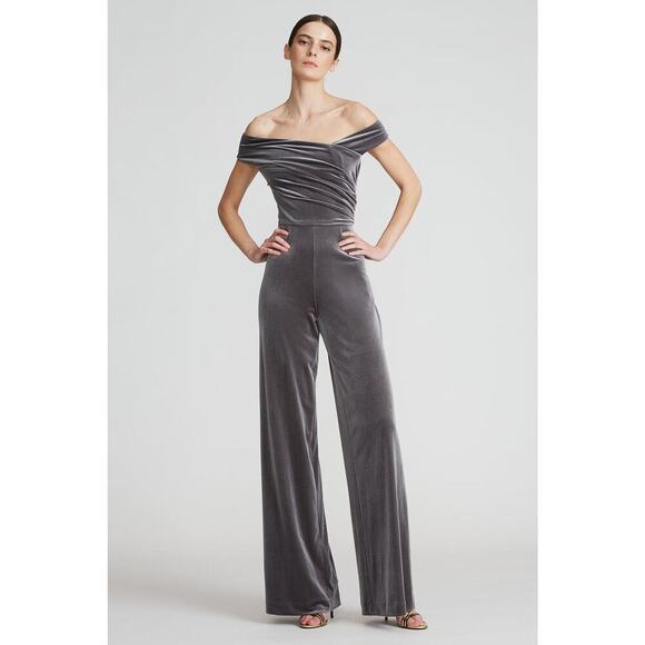 Halston Off the Shoulder Wren Steel Velvet Jumpsuit Ruched Wide Leg Size 4 NWOT - Picture 5 of 13